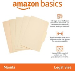 Amazon Basics File Folders 1/3 Cut Tab Letter Size Manila 100 Pack, Legal 8.5×14
