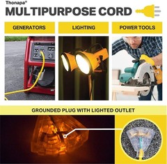 10 Ft Lighted Outdoor Extension Cord -3 Power Outlets-10/3 Yellow 10 Gauge Cable