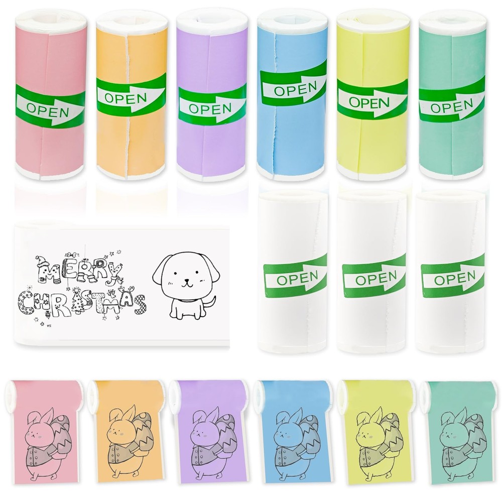 9 Rolls Self-Adhesive Mini Printer Paper – 6 57mm x 25mm, 6 Colorful 3 White