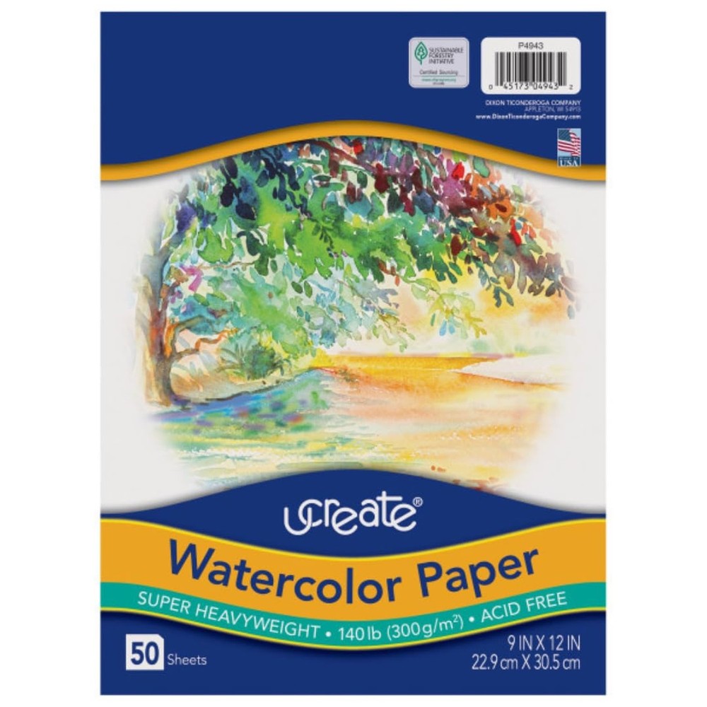 UCreate Watercolor Paper, White, Package, 140 lb., 9″ x 12″, 50 Sheets