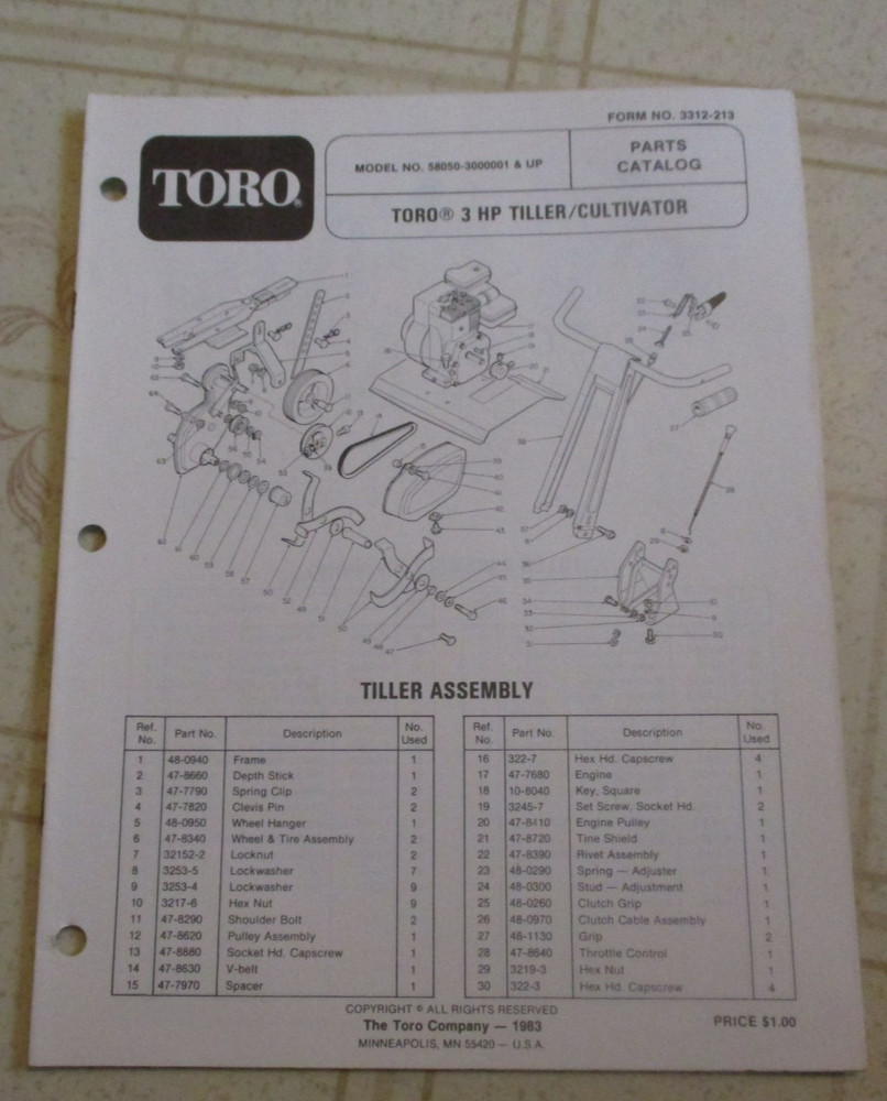 Toro 3 hp tiller cultivator 58050 Parts Catalog Manual