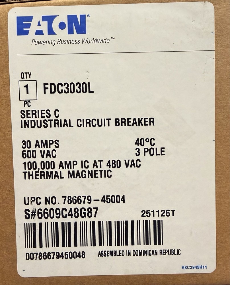 Eaton FDC3030L 30A/600V Series C Industrial Circuit Breaker