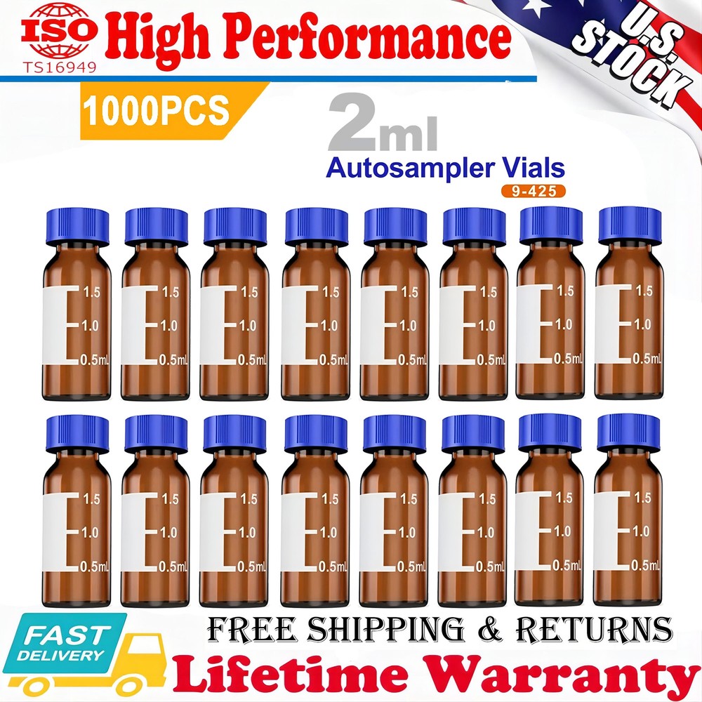 1000Pcs 2ml Autosampler Vials + Screw Caps 9-425 Amber Glass Bottle Screw Top US