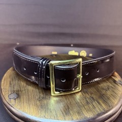 Boston Leather Belt Size 30″ High Gloss Black Garrison Gold Buckle Made in USA