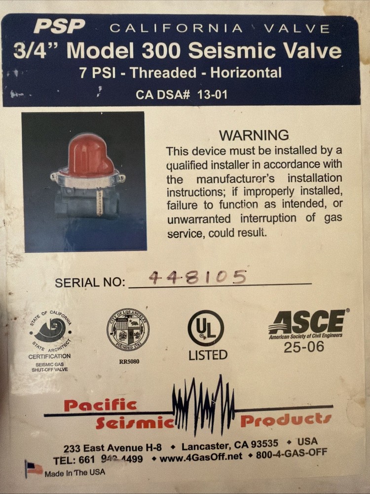 Earthquake Gas Shut-Off- 3/4″ 7PSI Pacific Seismic Products- 30 Year Warranty