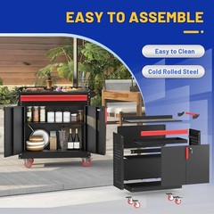 Metal Grill Cart，Outdoor Grill Cart with Storage,Grill Table with Wheels,Outdoor