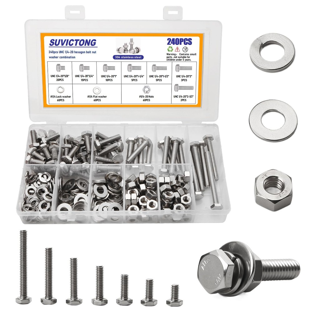 Hex Head Screw Bolt and Nuts Set 240Pcs 1/4-20 304 Stainless Steel – Assortment