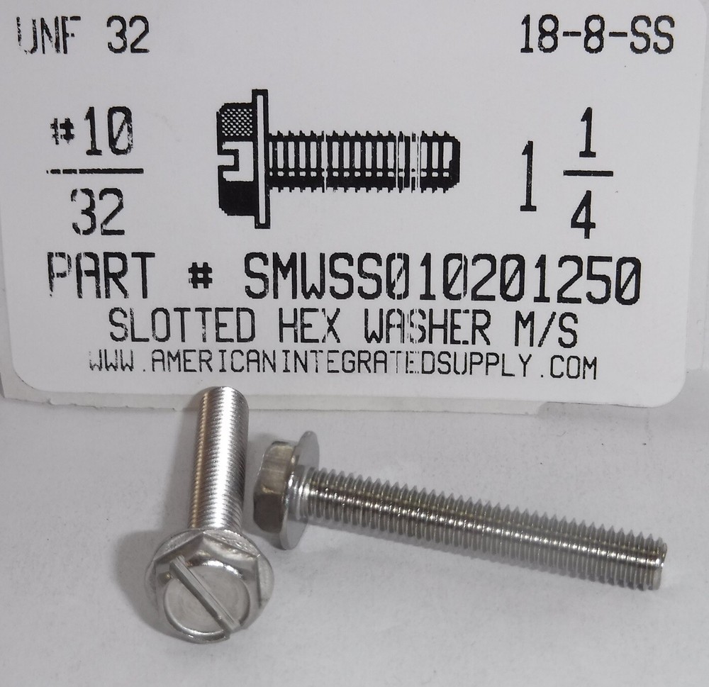 #10-32×1-1/4 INDENTED HEX WASHER SLOTTED MACHINE SCREW 18-8 STAINLESS STEEL (15)