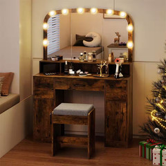 2-Piece Rustic Brown Makeup Vanity Set with Large Mirror 3-Color Lights for Bedr