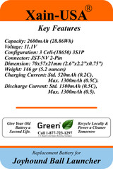 11.1V 2600mAh Replacement Battery for Joyhound Ball Launcher