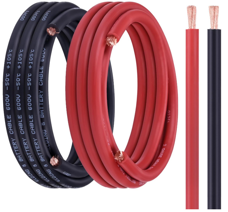 Cable de Batería 2 AWG, 15FT Rojo + 15FT Negro, Cobre Sin Oxígeno, para Automóvi
