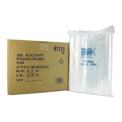 Reloc Zippit-Reclosable Bag, Zip Seal, 15 in L, 13 in W, 2 mil Thick, Pol|123480