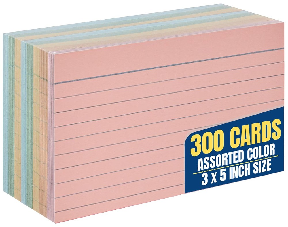 3×5 Lined Index Cards, Assorted Pastel Shades, 300 Pack