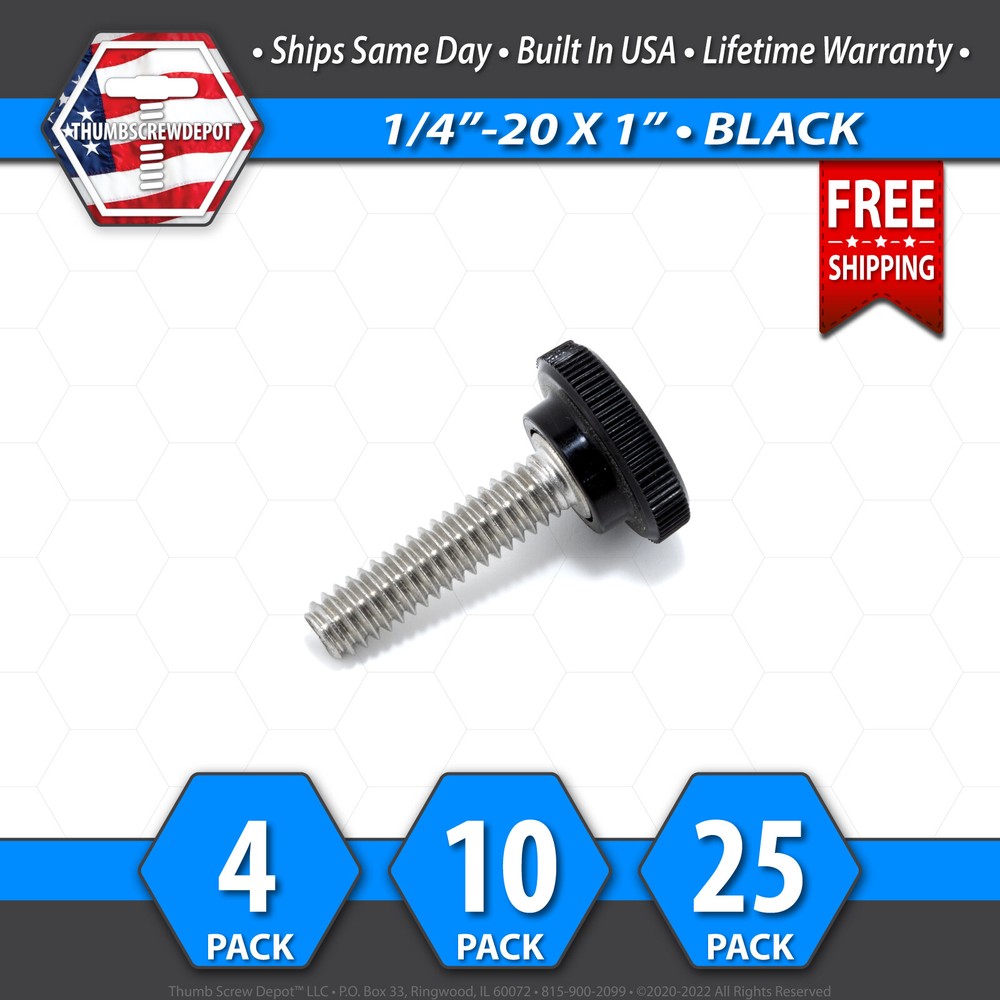 1/4″-20 x 1″ Thumb Screw Stainless Steel – Black Round Knurled Knob – USA