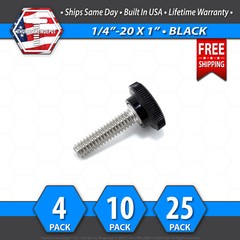 1/4″-20 x 1″ Thumb Screw Stainless Steel – Black Round Knurled Knob – USA
