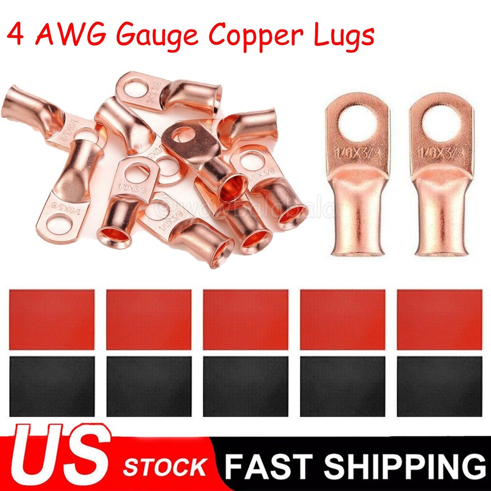 4 AWG Gauge Copper Lugs w/ BLACK & RED Heat Shrink End Ring Terminals Wire 20pcs