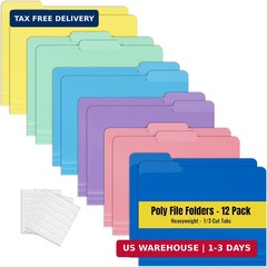 Better Office Products Heavyweight Poly Folders File, 1/3 Cut Tabs, 12 Pack, Ass