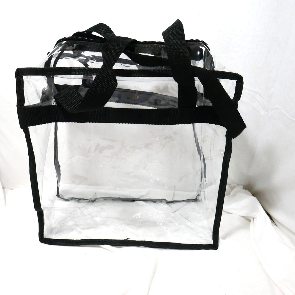 clear PVC stadium-approved tote bag with black handles, events venues security