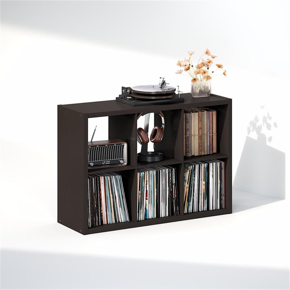 Pemberly Row 6 Cube Vinyl Record Media Storage Organizer in Dark Oak Finish