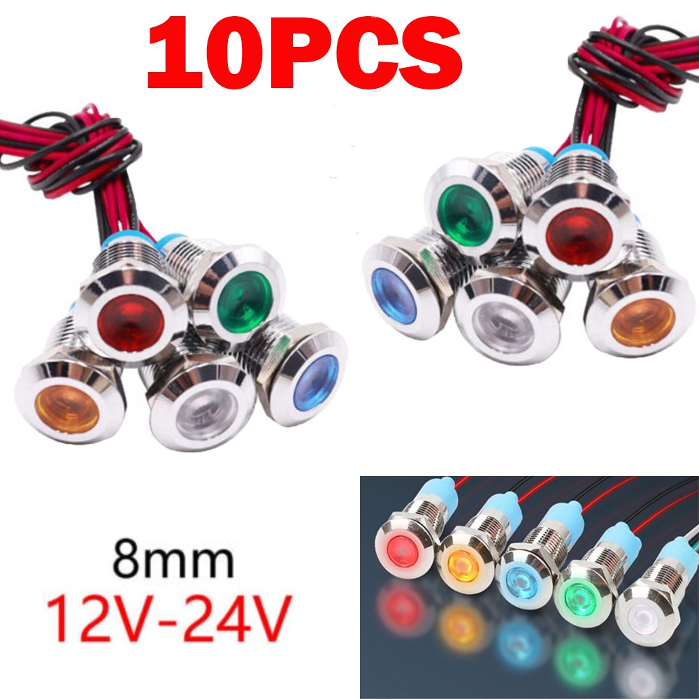 10PCS 8mm 12/24V 1/2″ LED Metal Indicator Light Signal Lamp Waterproof