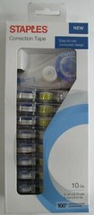 10-PACK STAPLES 51666 TOPWINDER CORRECTION TAPE CONTOURED WHITE .19″ x 26′ EACH
