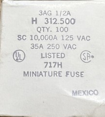 20 Littelfuse 717H Miniature Fuse 1/2A – 125V AC 100A-250V AC
