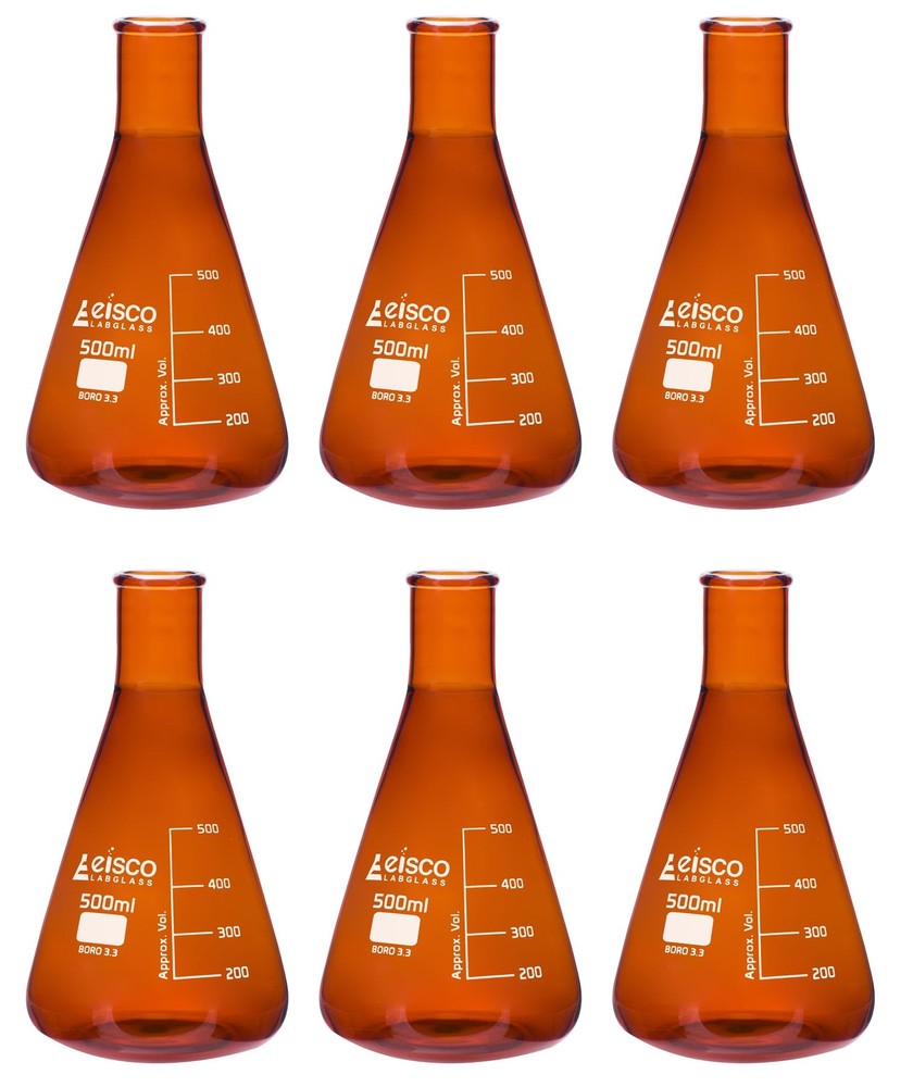 Eisco 500ml Erlenmeyer Flask, Narrow Neck – Amber Borosilicate Glass – 6 Pack