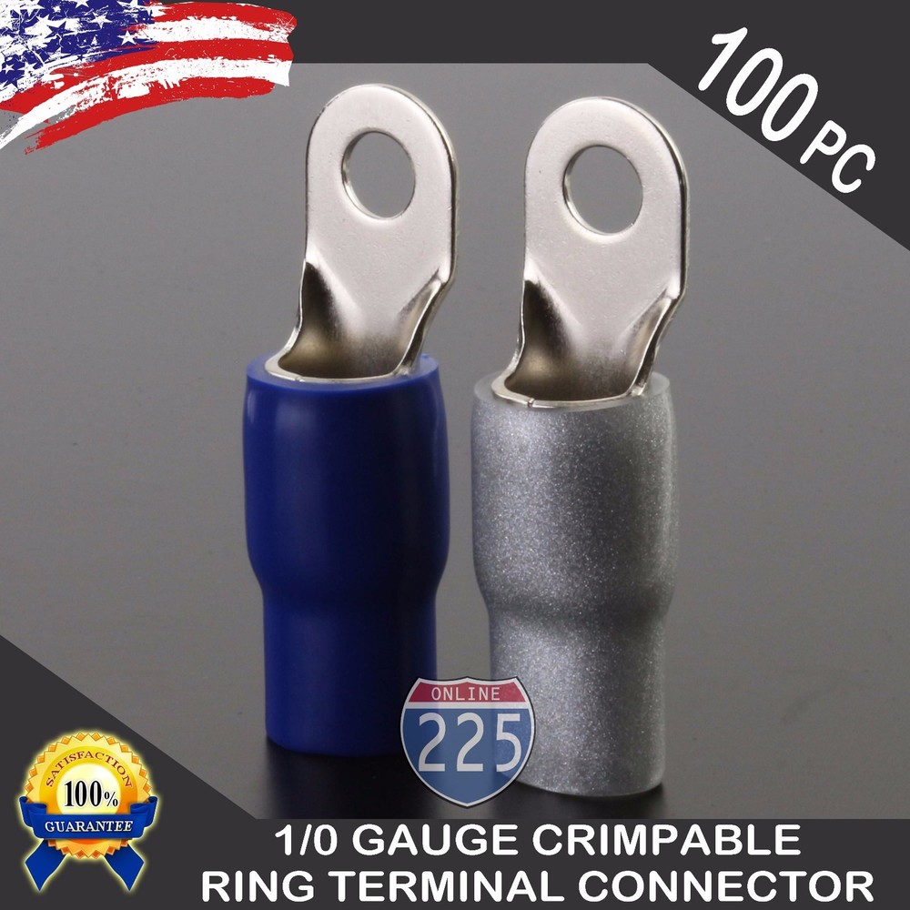 0 Gauge Platinum Ring Terminal 100 Pack 1/0 AWG Wire Crimp Blue Silver Boot 3/8″