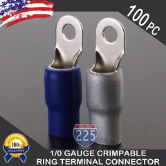 0 Gauge Platinum Ring Terminal 100 Pack 1/0 AWG Wire Crimp Blue Silver Boot 3/8″
