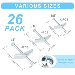 Heavy Duty Hollow Wall Anchors for Drywall Ceiling 1/8in, 3/16in, 1/4in