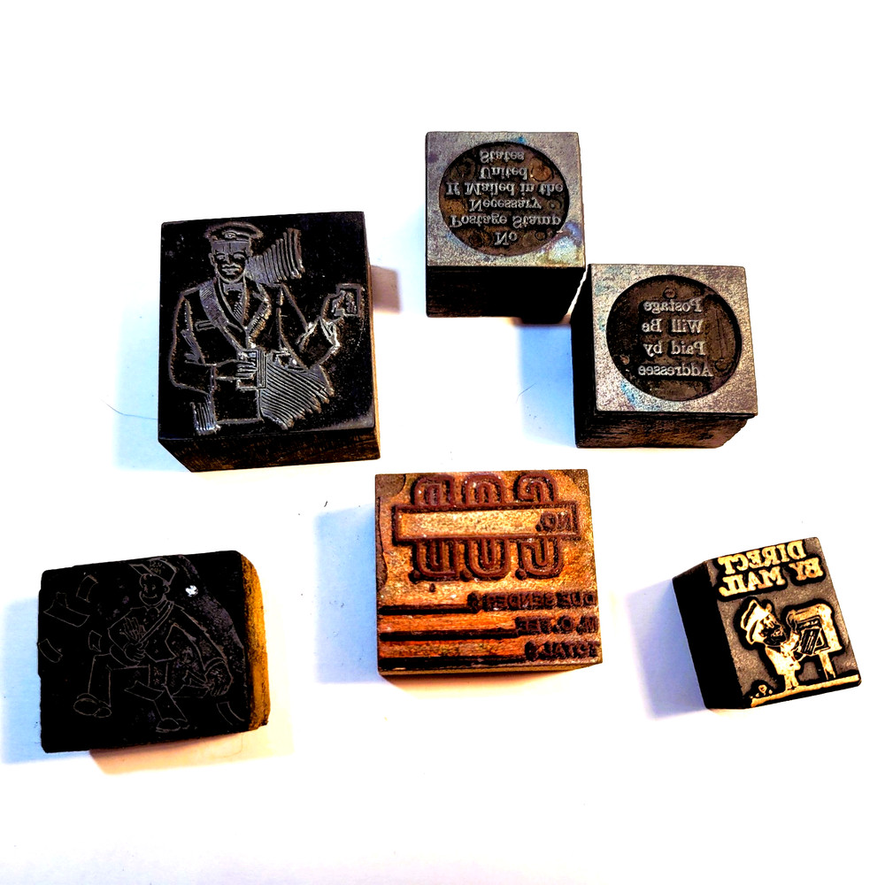 Vintage Letterpress Printing Blocks Lot Advertising Stamp Graphic Cut Art Copper