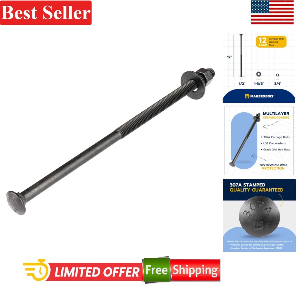 Carriage Bolt Kit 1/2×12 Inch Black Ruspert Exterior Grade 36 Pcs