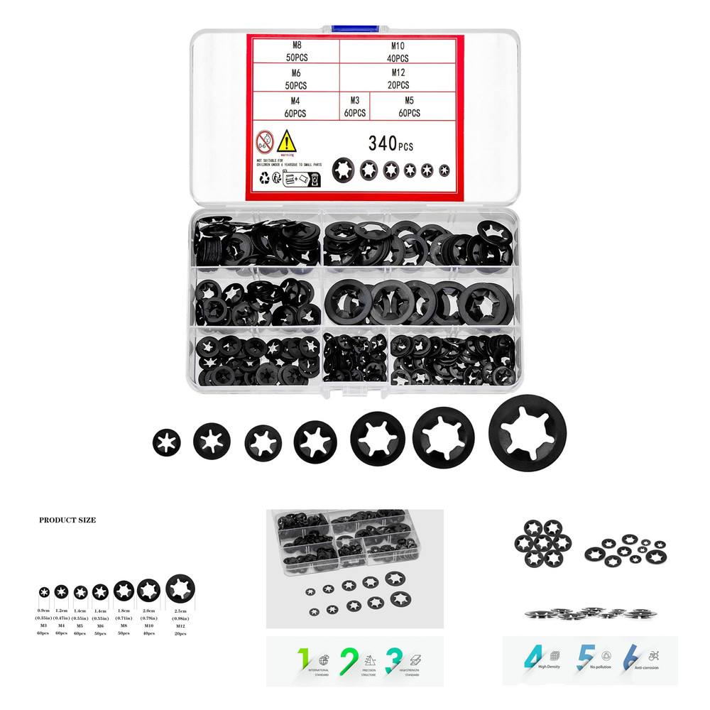 340 Pcs Tooth Lock Washer Kit M3 M4 M5 M6 M8 M10 M12 Black Steel Fasteners