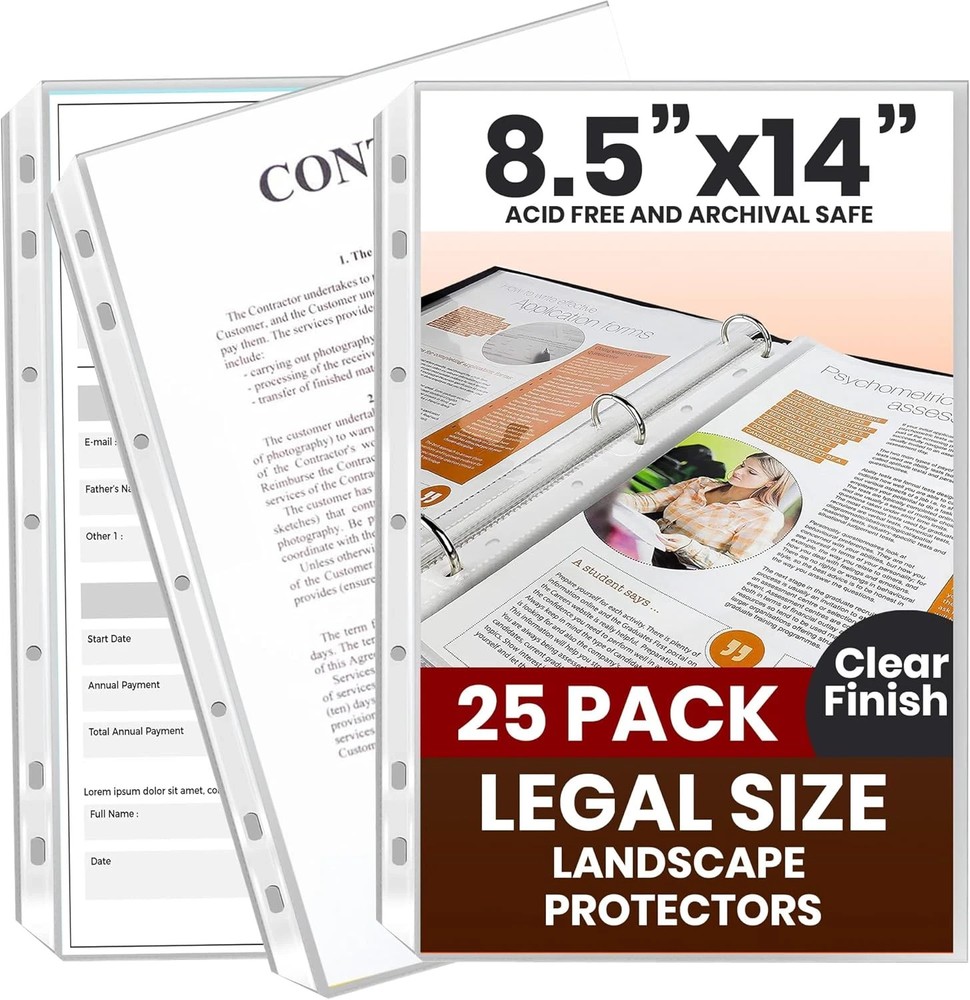 Performore 25 Pack of 8.5X14 Legal Size Heavyweight Long Clear Sheet Protectors,