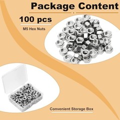 100Pcs M5-0.8 Hex Nut, 304 Stainless Steel, M5 X 0.8Mm Tiny Nuts Fasteners, Hex