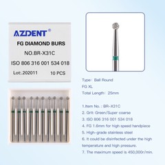10Pcs AZDENT Dental Diamond Burs Ball Round For High Speed Handpiece FG 1.6mm