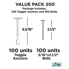 (Pack of 200) – 100 Anchors + 100 Bolts – – 3/16″ Heavy-Duty Drywall Anchors …