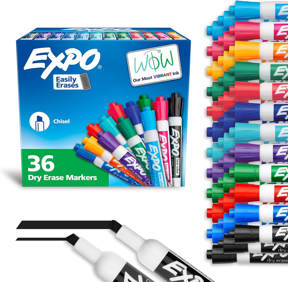 EXPO Dry Erase Markers, Low Odor Ink, Assorted Fashion Colors, Chisel Tip, 36 Co