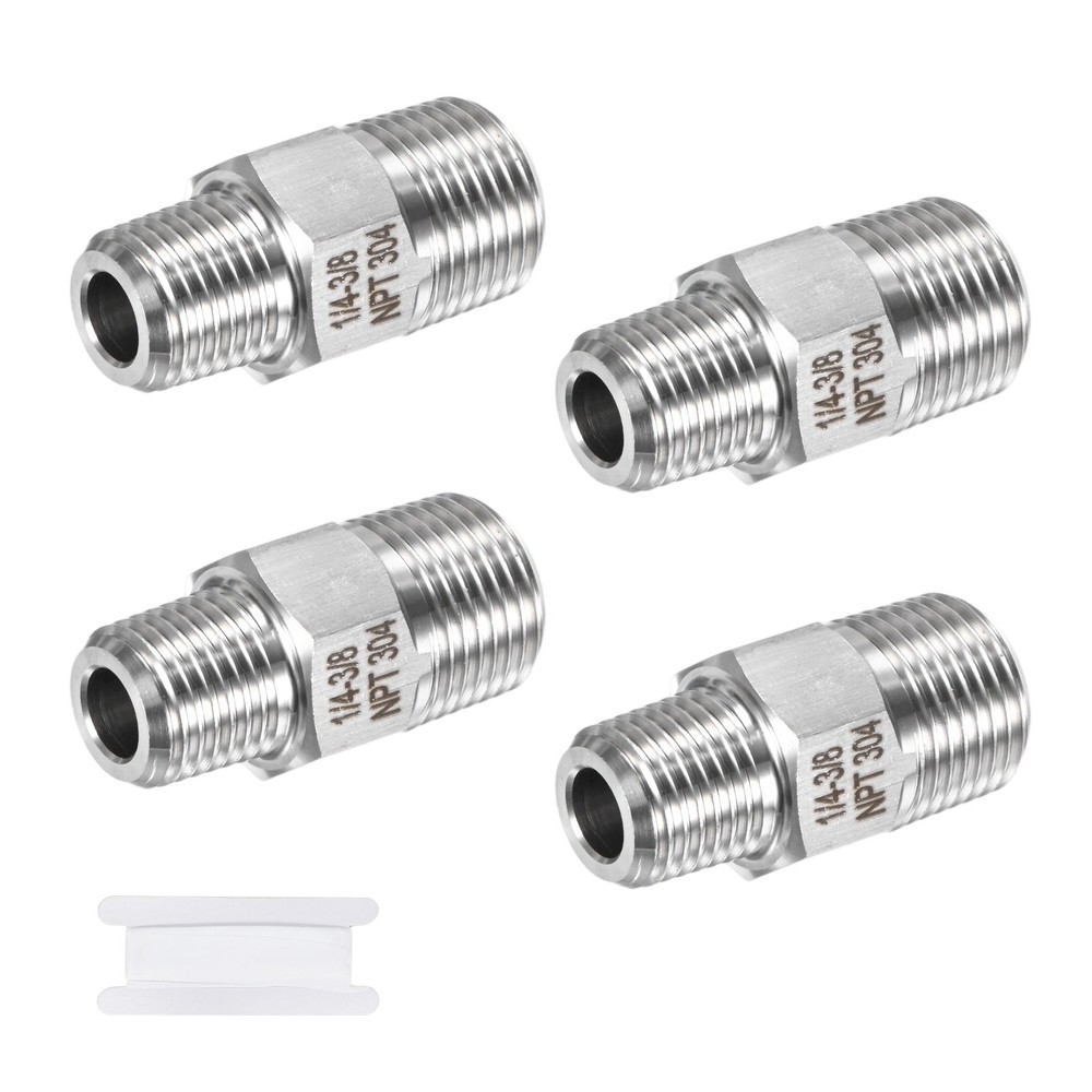 4-Pack 304 Stainless Steel 3/8″ NPT Male x 1/4″ NPT Male Hex Nipple Pipe Fitting
