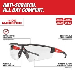 Milwaukee 48-73-2200 Clear +1.00 Bifocal Safety Glasses Magnified Anti-Scratch