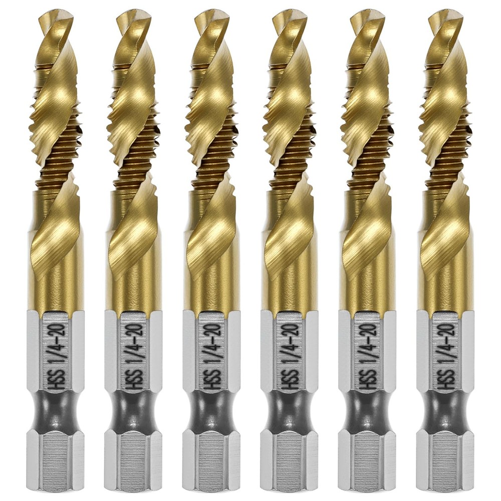 QWORK 6pcs Drill Tap Bit Set 1/4″-20 UNC Titanium Coated HSS – One-Step…