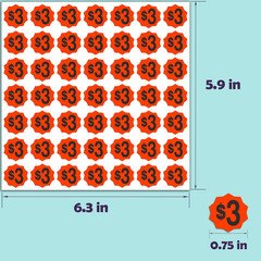 Fluorescent Orange Price Stickers, 3/4 Inch round Labels, 1470 Pre-Printed $3 Ta
