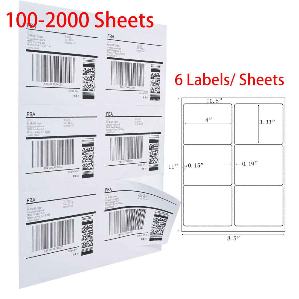 4″ x 3 1/3″ Laser Ink Jet Address Shipping Self Adhesive Labels 6 per sheet US