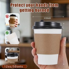 Coffee Cups, 50 Pack 12 oz Disposable Coffee Cups with Lids and Sleeves, Leak-pr