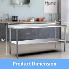 72” x 24” Stainless Steel Table for Prep & Work with Backsplash for Kitchen