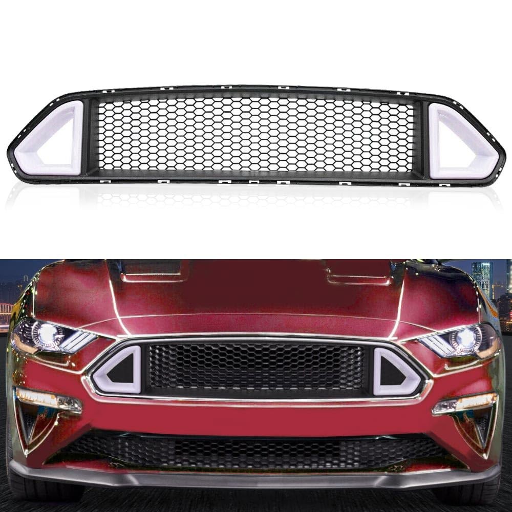 Front Upper Grille Triangle LED DRL Strip Mesh Styling For Ford Mustang 18-20