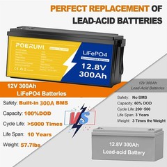 POERUNI 12V 300Ah LiFePO4 Battery 4000+ Deep Cycles 3840Wh 200A BMS for RV Solar