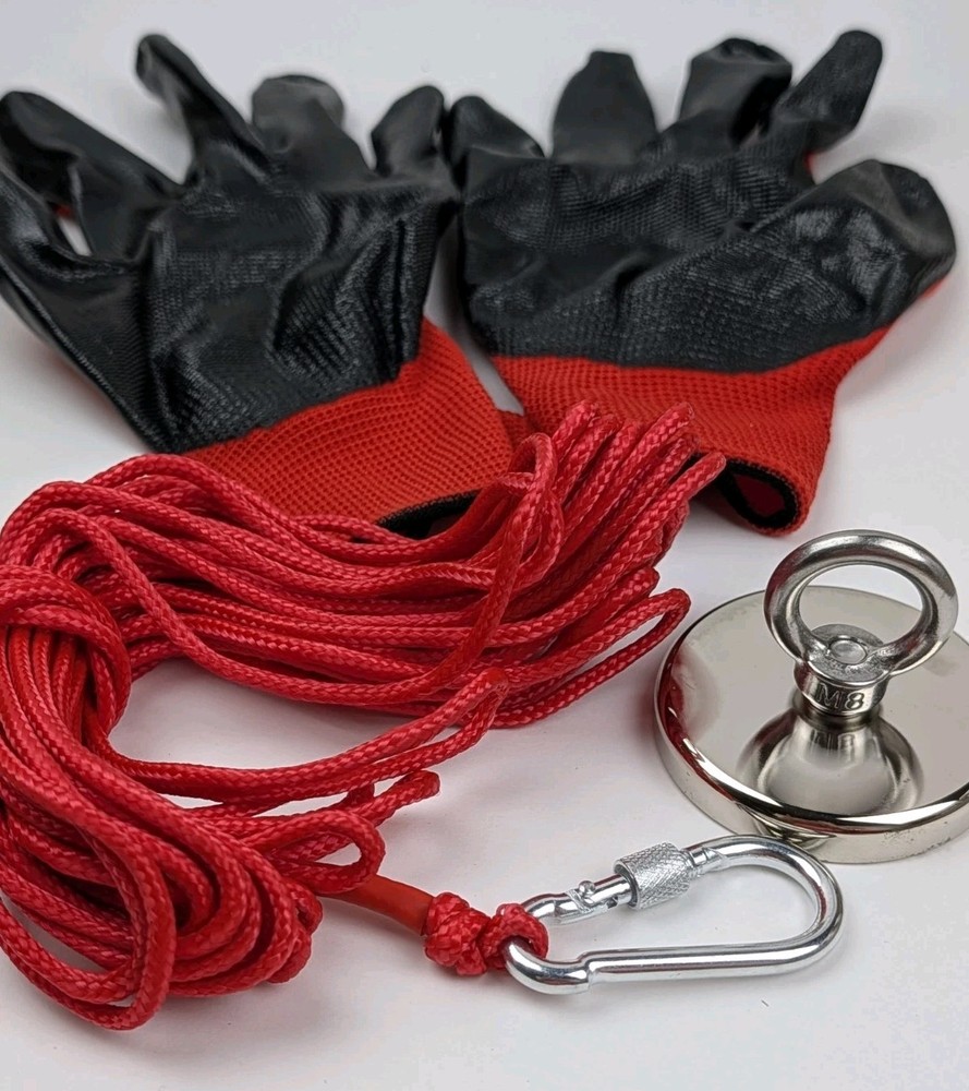 2500lbs Pull Force Strong Magnet Fishing Kit, Includes: Rope, Gloves, Caribiner