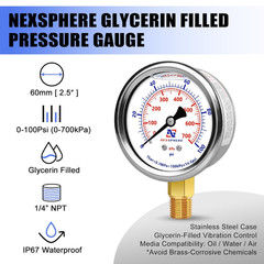 NexSphere 0-100 PSI Liquid Filled Pressure Gauge, 1/4 NPT Lower Mount, 2.5 Di…