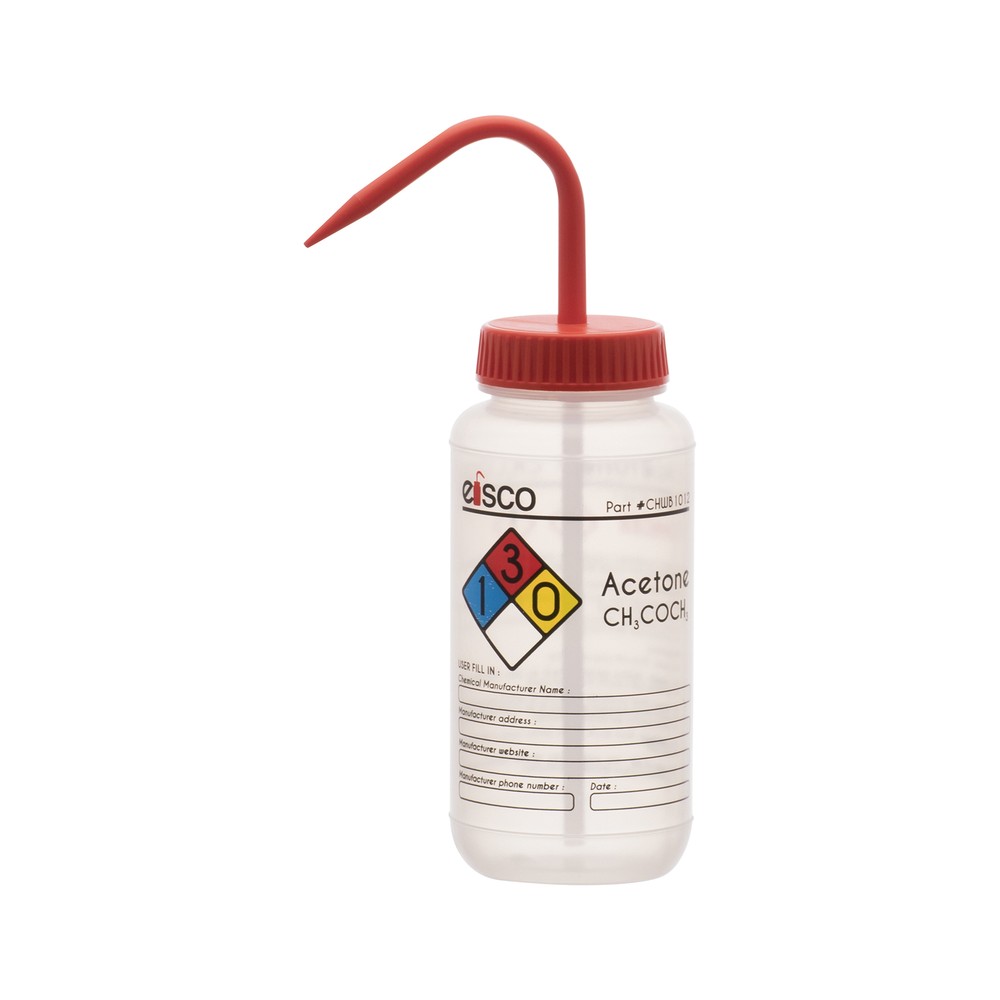 Acetone Wash Bottle, 500ml – Wide Mouth, Pre-Labeled – LDPE – Eisco Labs